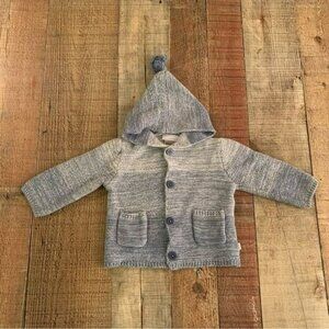 Elegant Baby boys knit button front cardigan with hoodie blue striped -6/12M